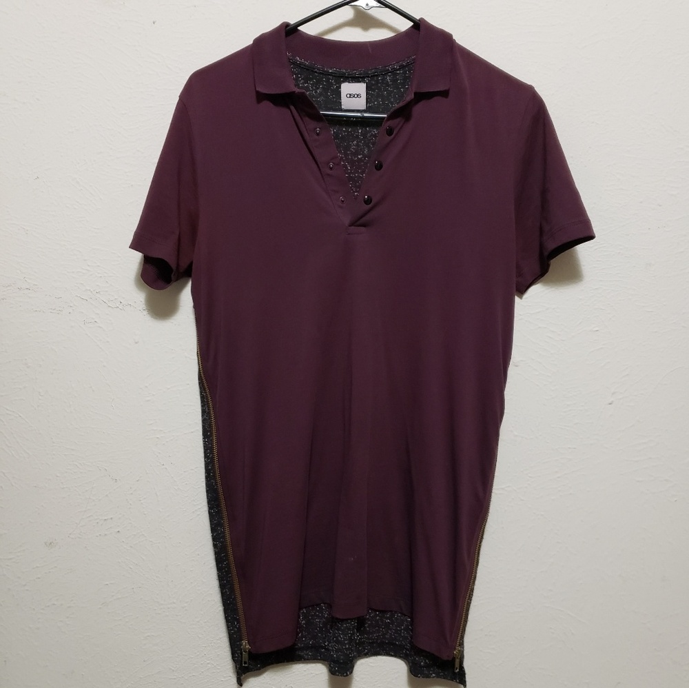 ASOS Maroon/Grey Side Zipper Slit Polo Shirt